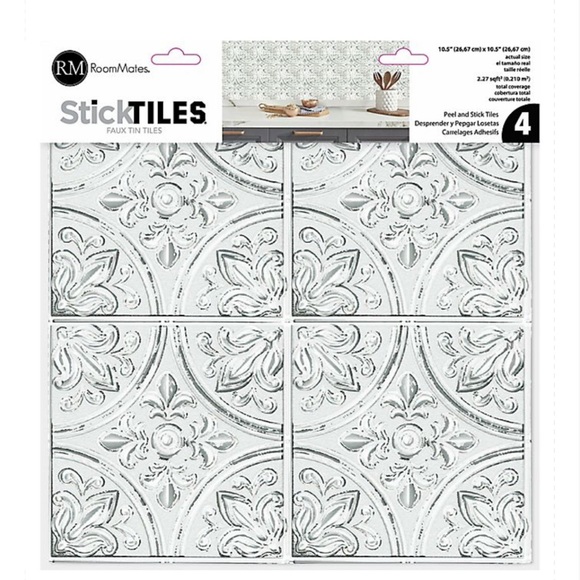 RoomMates® Peel and Stick White Tin Backsplash (Set of 4) - Picture 2 of 3